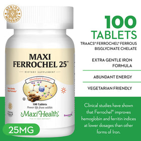 Flacon de Maxi Health Fer 25mg avec étiquette visible