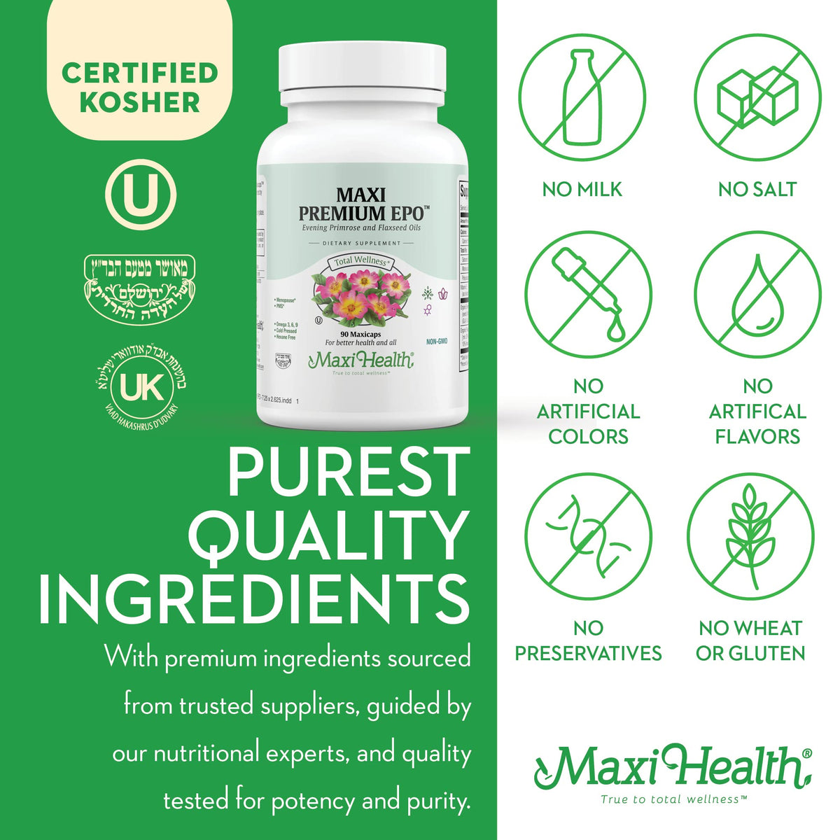 Flacon de Maxi Health Huile de Onagre 1500mg avec étiquette visible