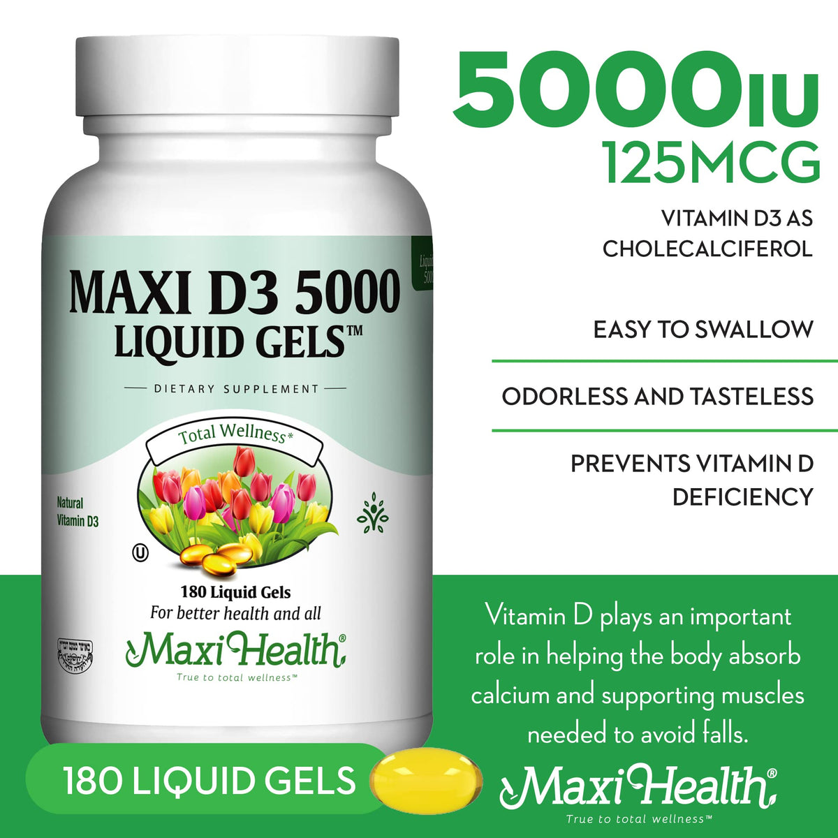 Flacon de Maxi Health Vitamine D3 5000 IU avec étiquette