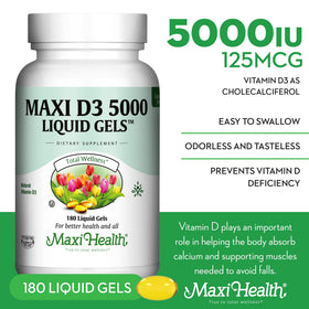 Flacon de Maxi Health Vitamine D3 5000 IU avec étiquette