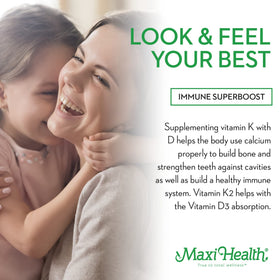 Flacon de Maxi Health Vitamine D3 K2 avec bouchon ouvert
