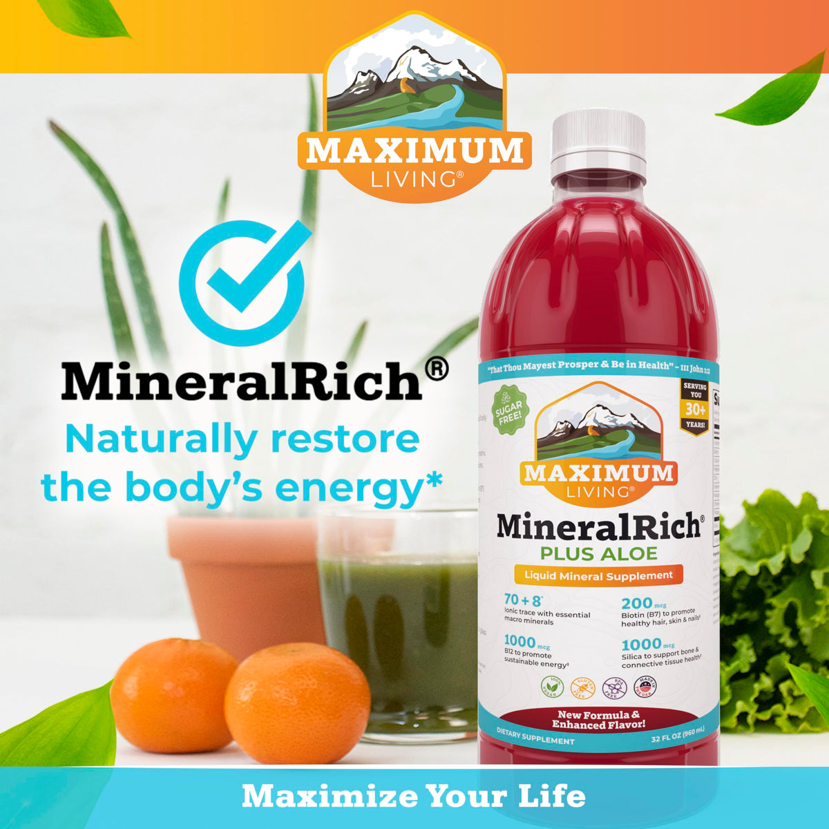 Flacon de Maximum Living Complément Alimentaire avec un verre, prêt à consommer