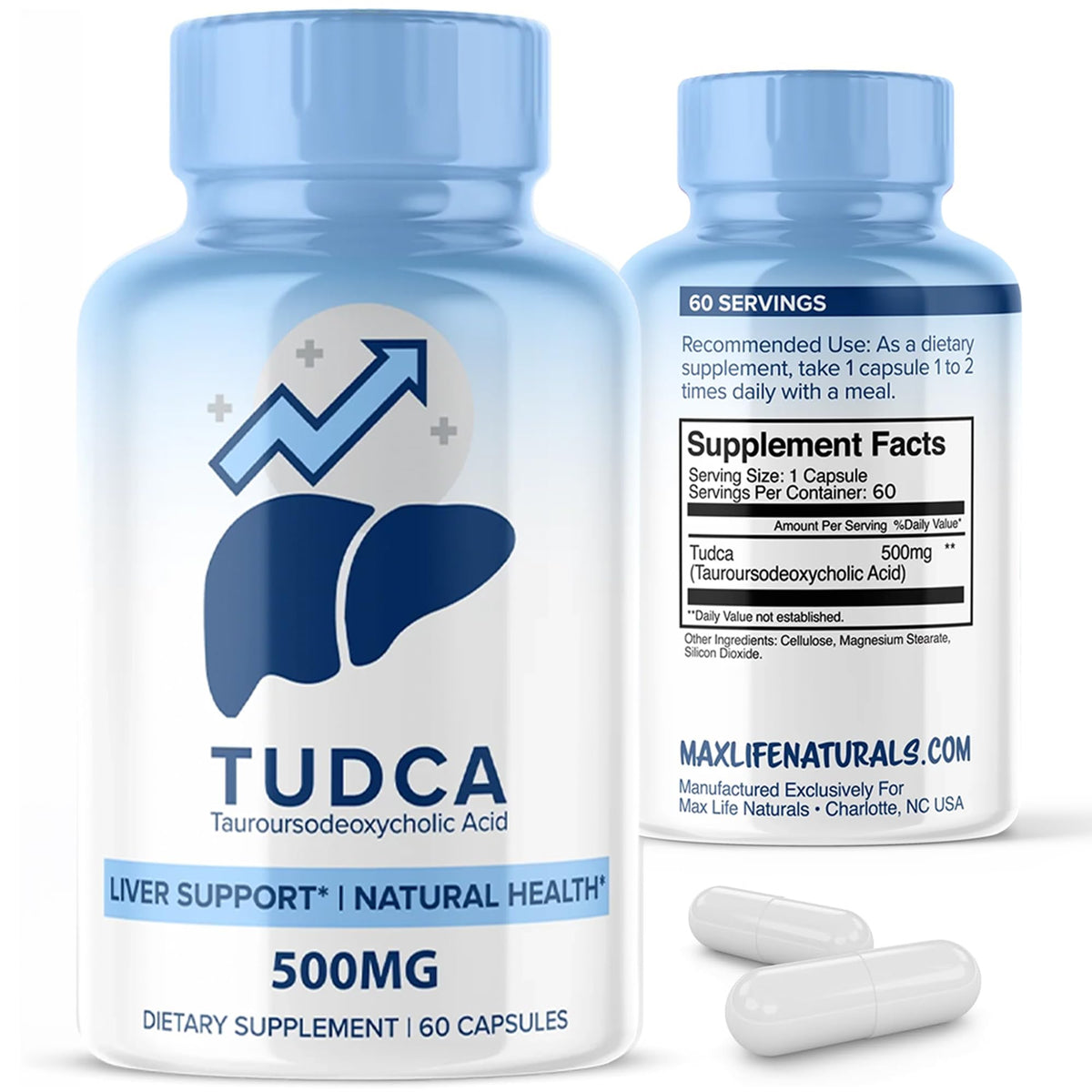 Flacon de MAXLIFE NATURALS TUDCA 500mg 60 capsules vue de face