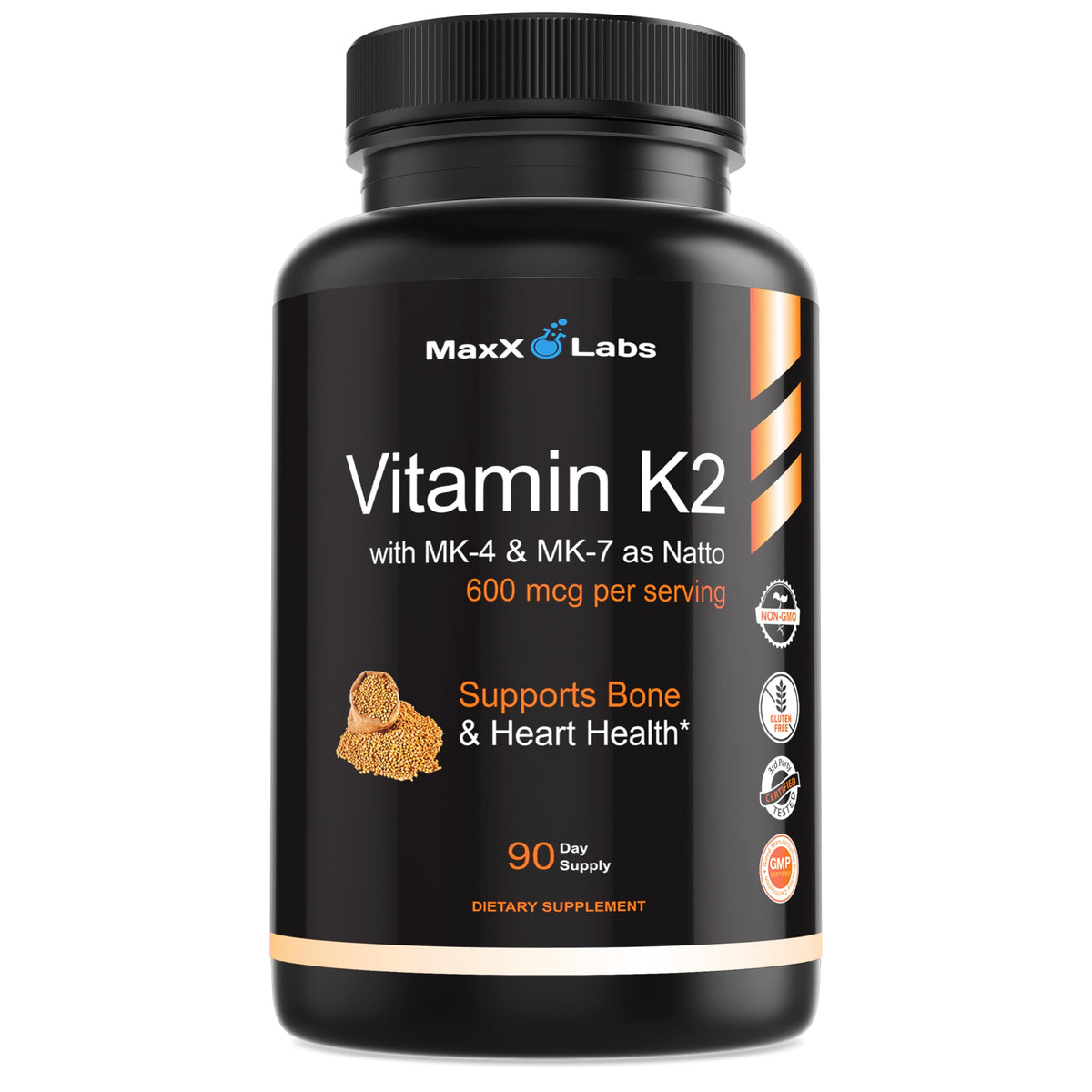 Flacon de MaxX Labs K2 600 mcg avec MK7 et MK4, vue avant