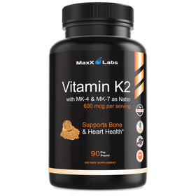 Flacon de MaxX Labs K2 600 mcg avec MK7 et MK4, vue avant