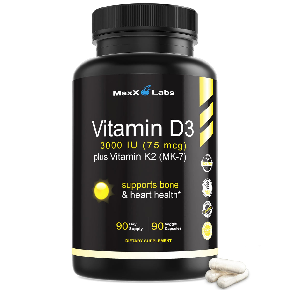 Flacon de MaxX Labs Vitamine D3 K2 3000 UI avec 90 capsules