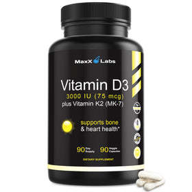 Flacon de MaxX Labs Vitamine D3 K2 3000 UI avec 90 capsules