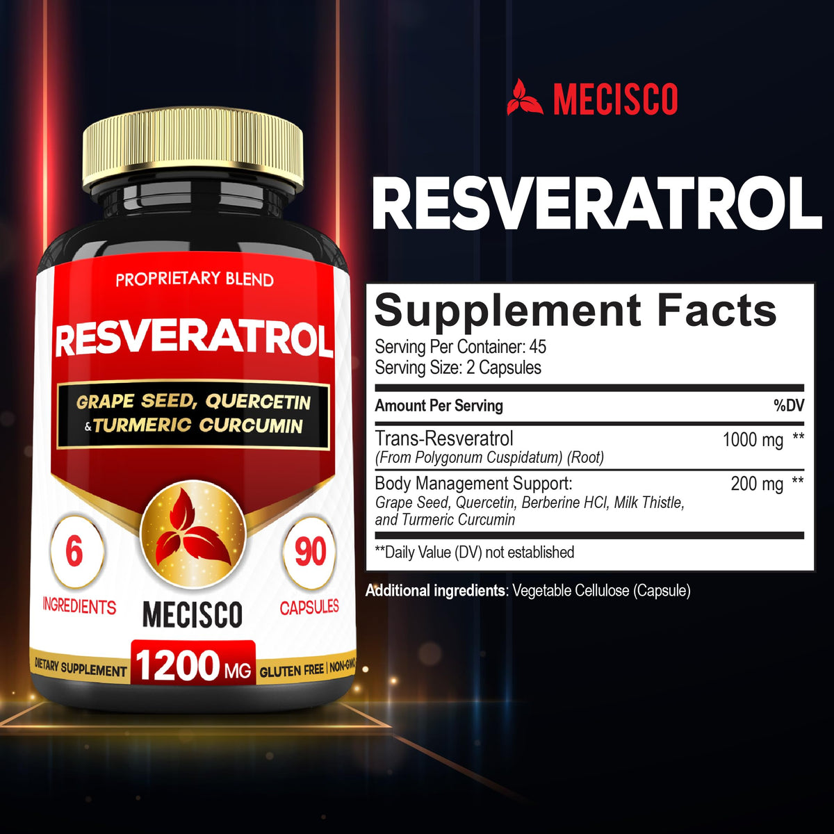 Flacon de Mecisco Trans-Resvératrol avec étiquette