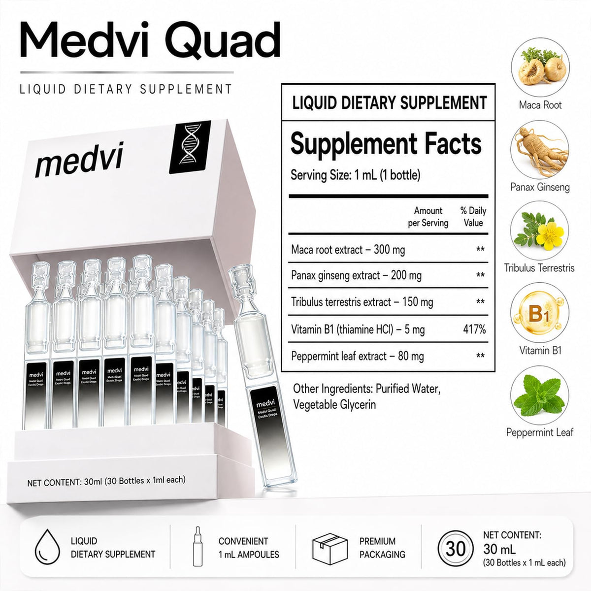 Flacon de Medvi Quad Complément Alimentaire Liquide 191g avec d'autres compléments alimentaires
