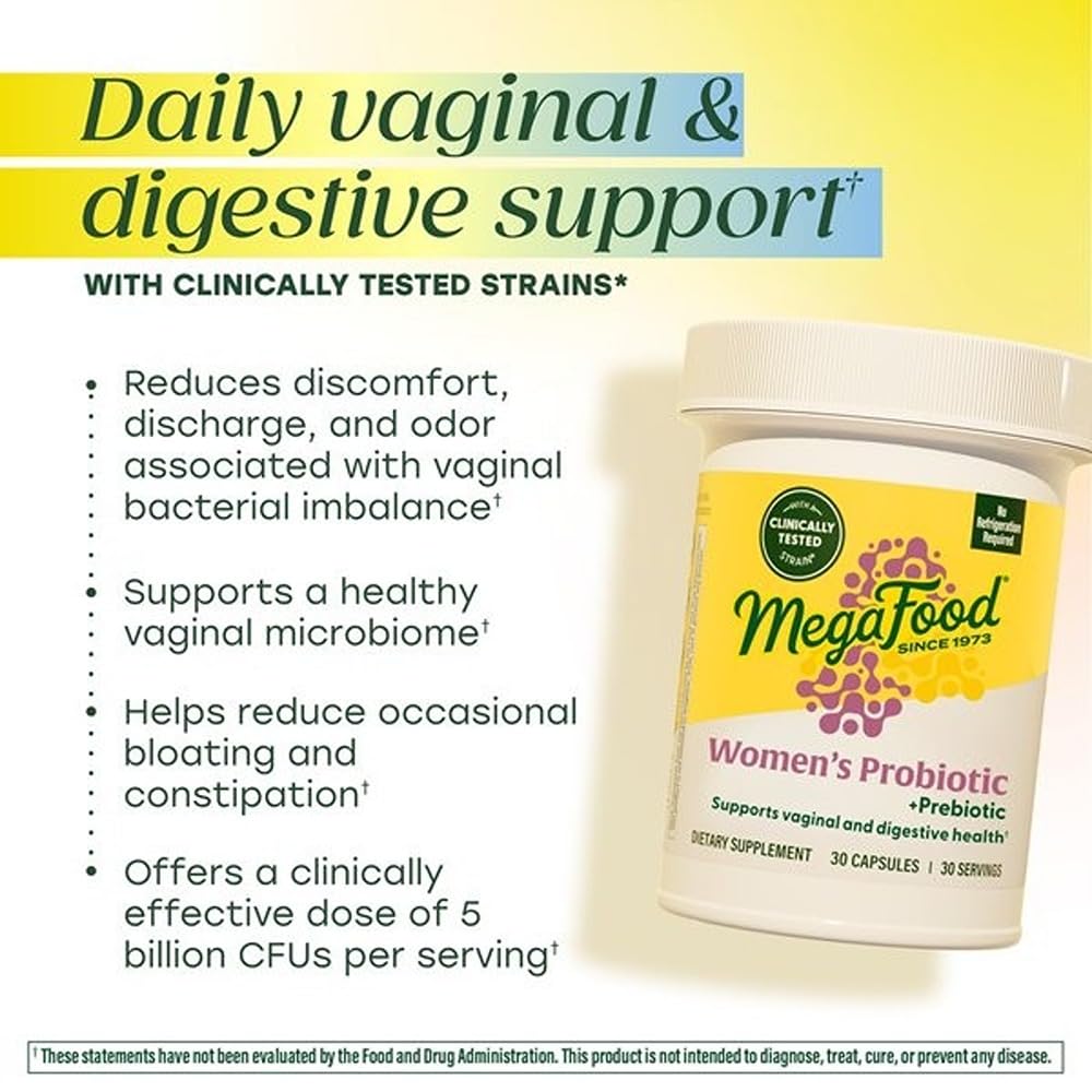 Flacon de MegaFood Probiotiques Féminins Prébiotiques ouvert avec capsules visibles