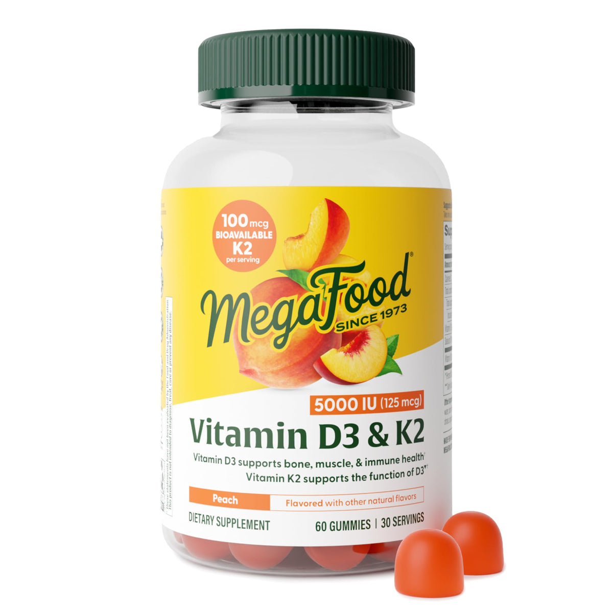 Flacon de MegaFood Vitamine D3 K2 60 gummies saveur pêche