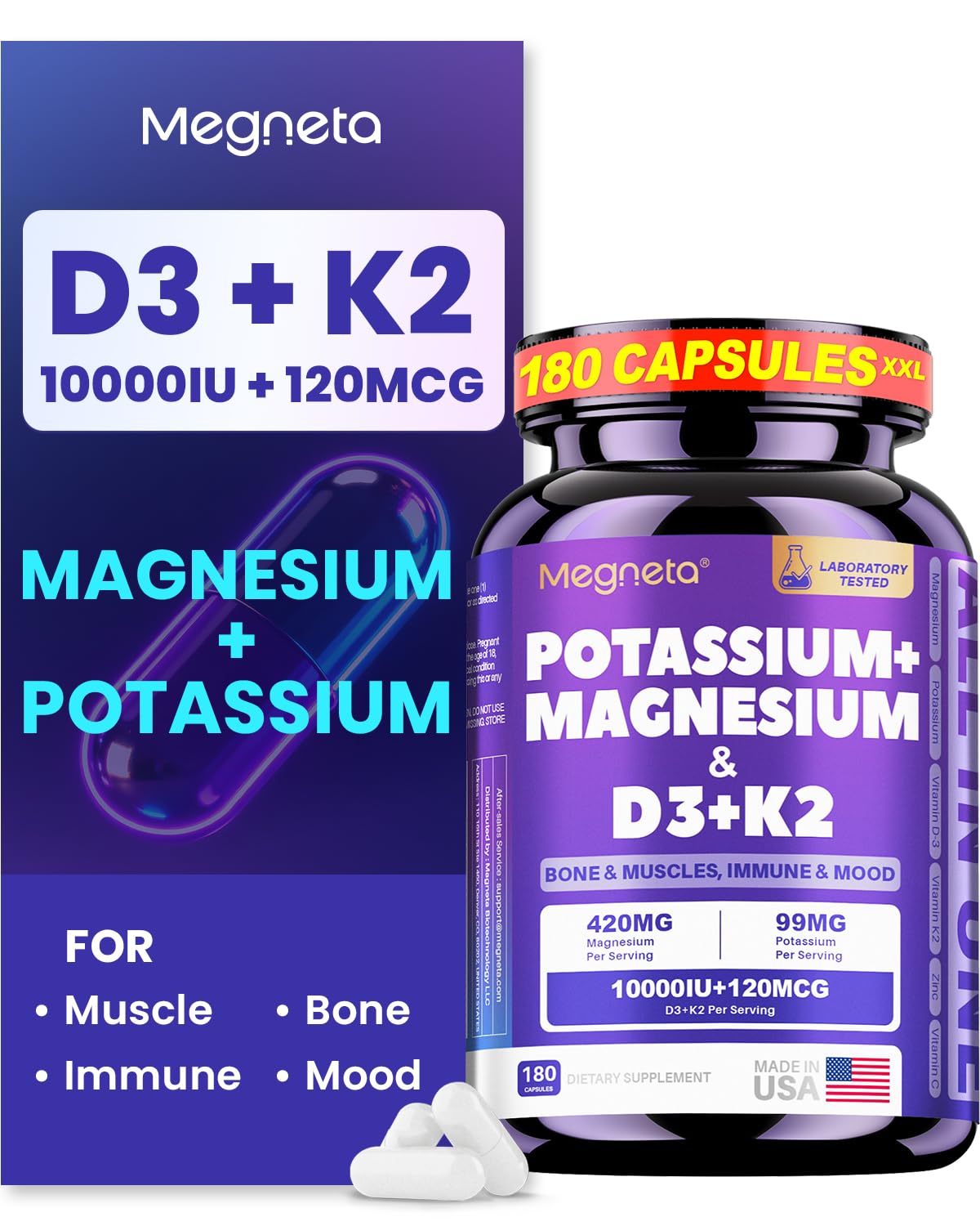 Flacon de MEGNETA Magnésium Glycinate 420 mg avec Potassium et Vitamines D3 et K2, 180 capsules