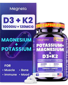 Flacon de MEGNETA Magnésium Glycinate 420 mg avec Potassium et Vitamines D3 et K2, 180 capsules