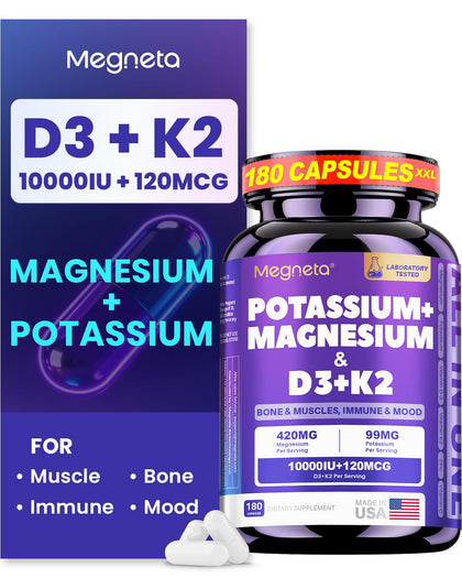 Flacon de MEGNETA Magnésium Glycinate 420 mg avec Potassium et Vitamines D3 et K2, 180 capsules