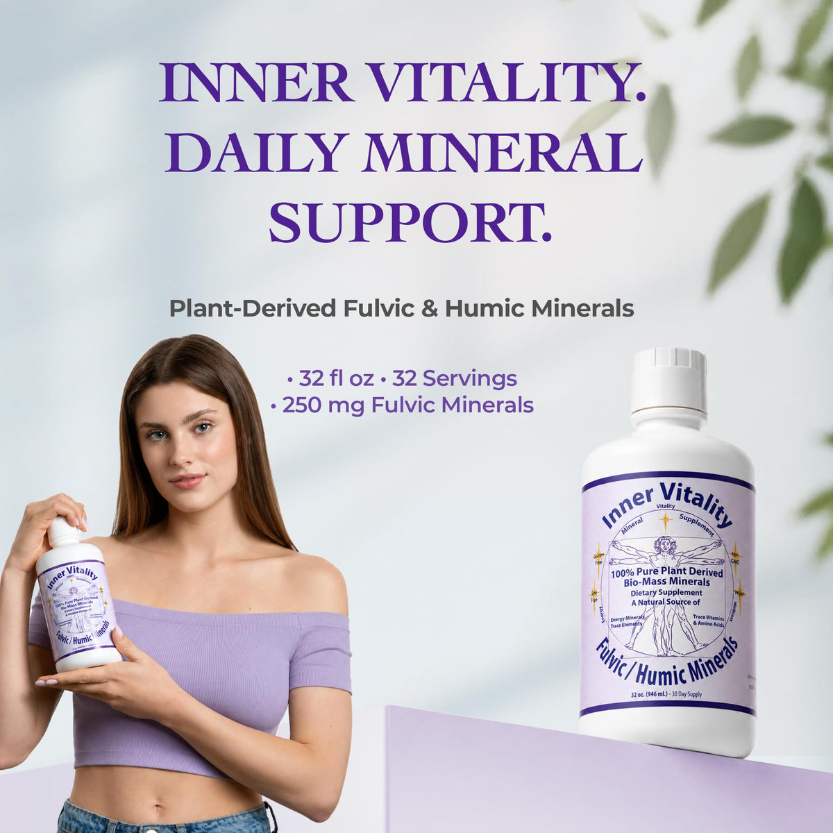 Flacon de mélange minéral Fulvic Humique Inner Vitality dans un cadre naturel