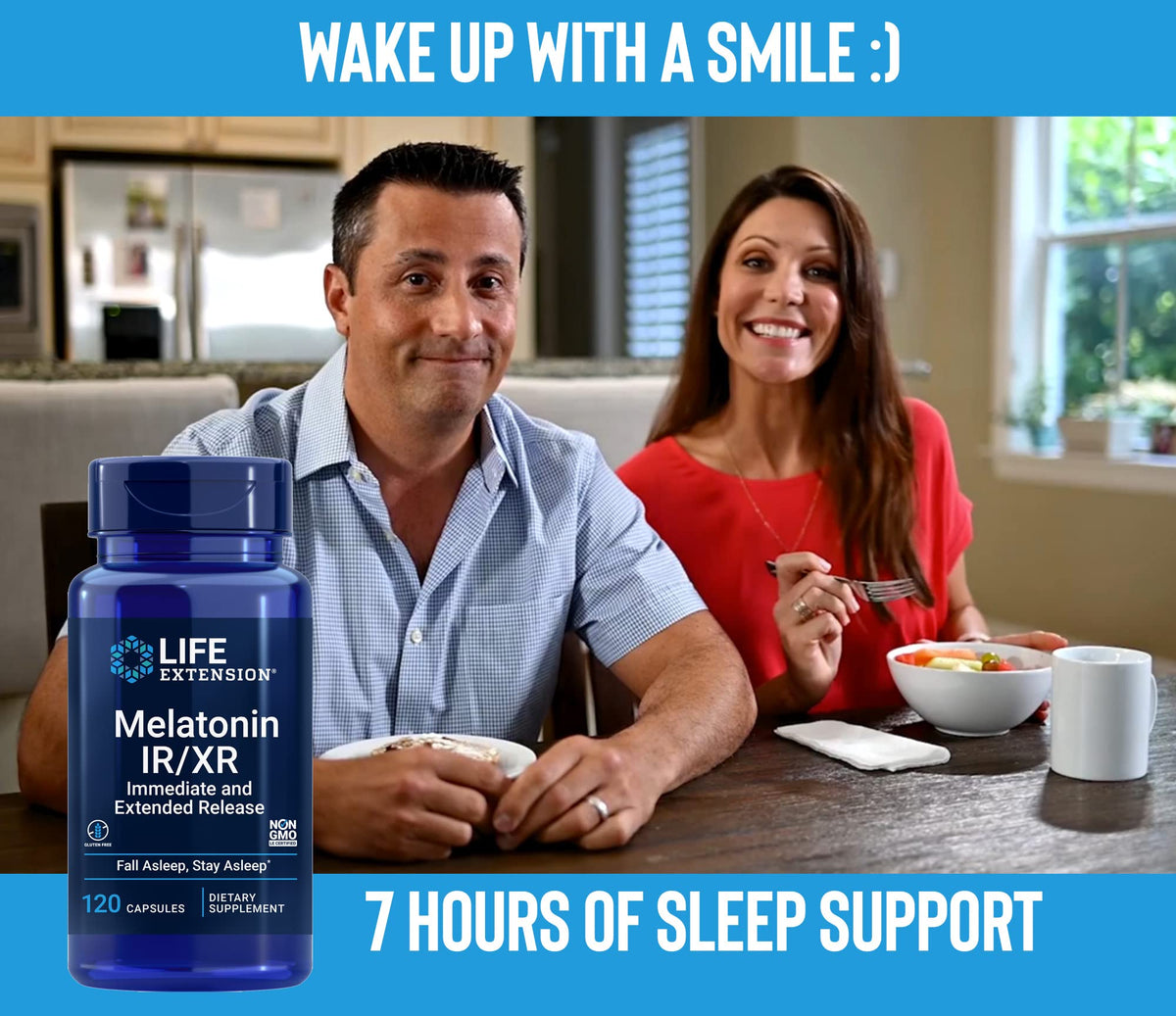 Flacon de Melatonin IR/XR Life Extension ouvert, vue de dessus