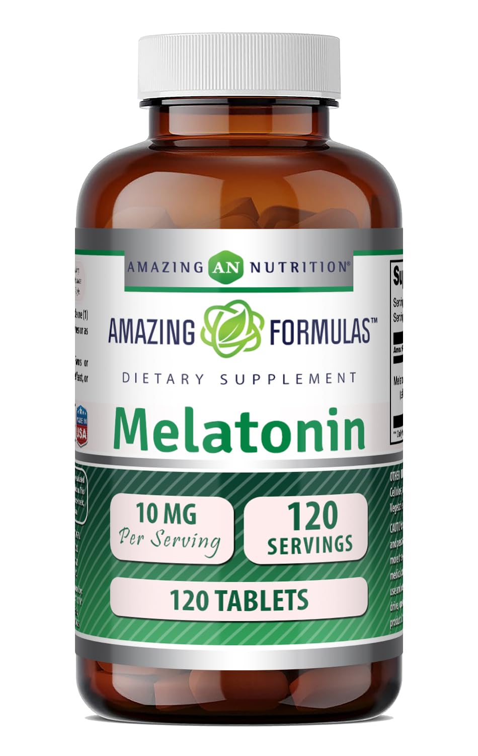 Flacon de mélatonine 10 mg Amazing Nutrition contenant 120 comprimés