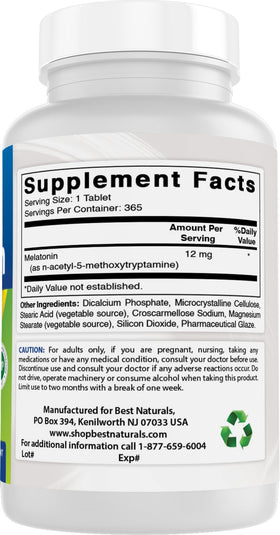 Flacon de mélatonine Best Naturals 12 mg sur une table en bois