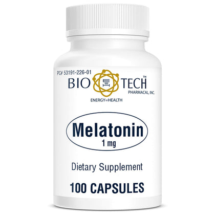 Flacon de mélatonine Bio-Tech Pharmacal 1 mg avec 100 capsules