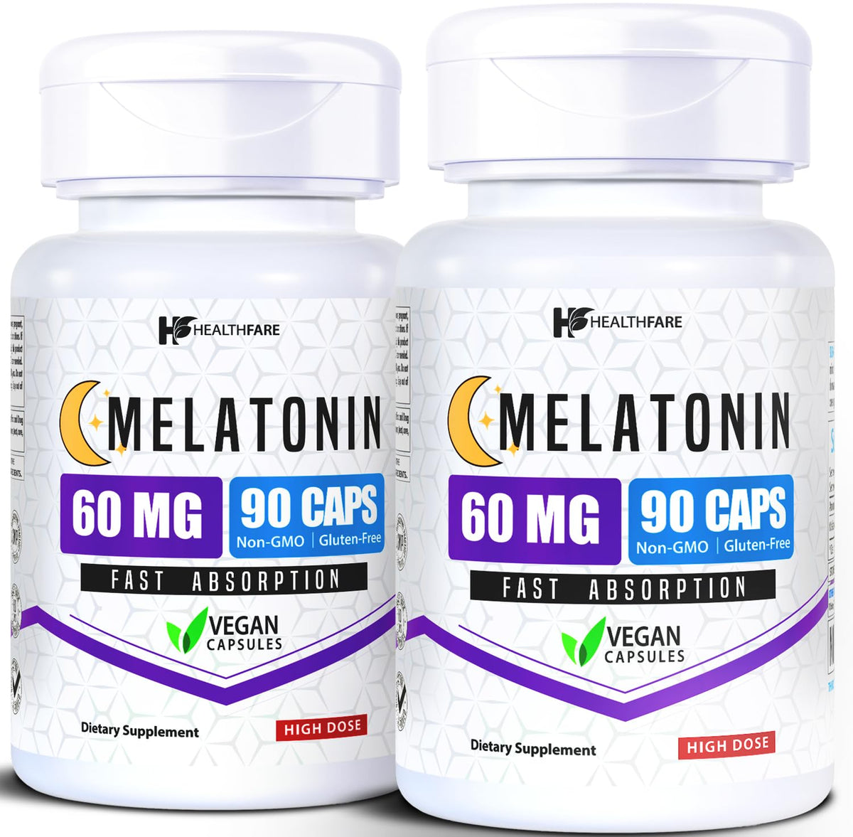 Flacon de mélatonine Healthfare 60mg vue de face avec étiquette