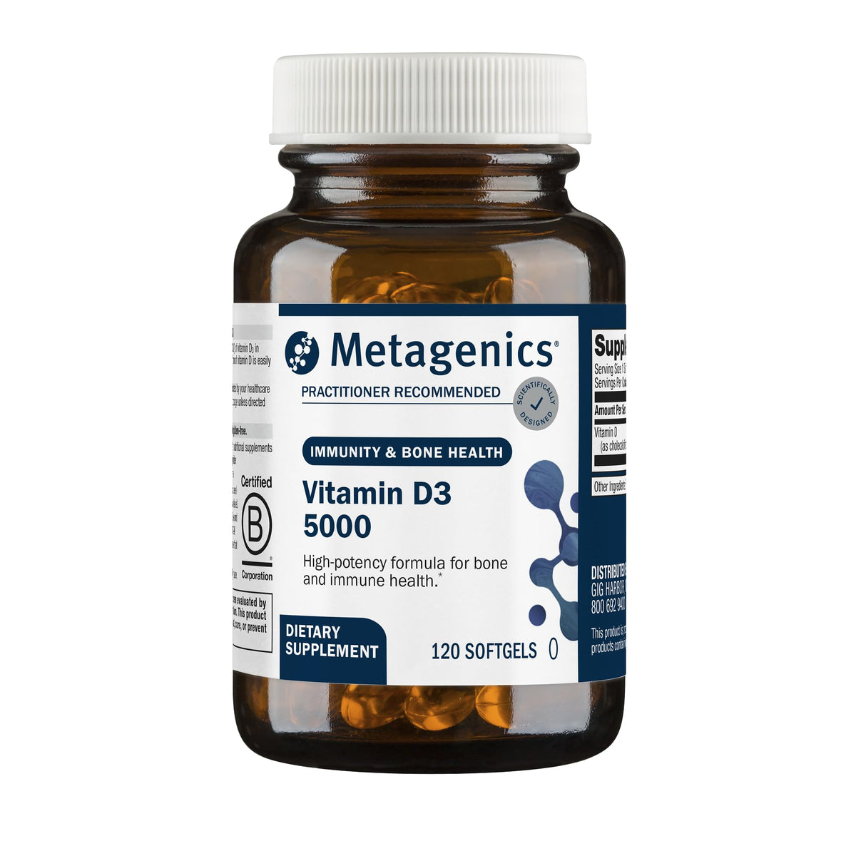 Flacon de Metagenics Vitamine D3 5000 UI 120 gélules