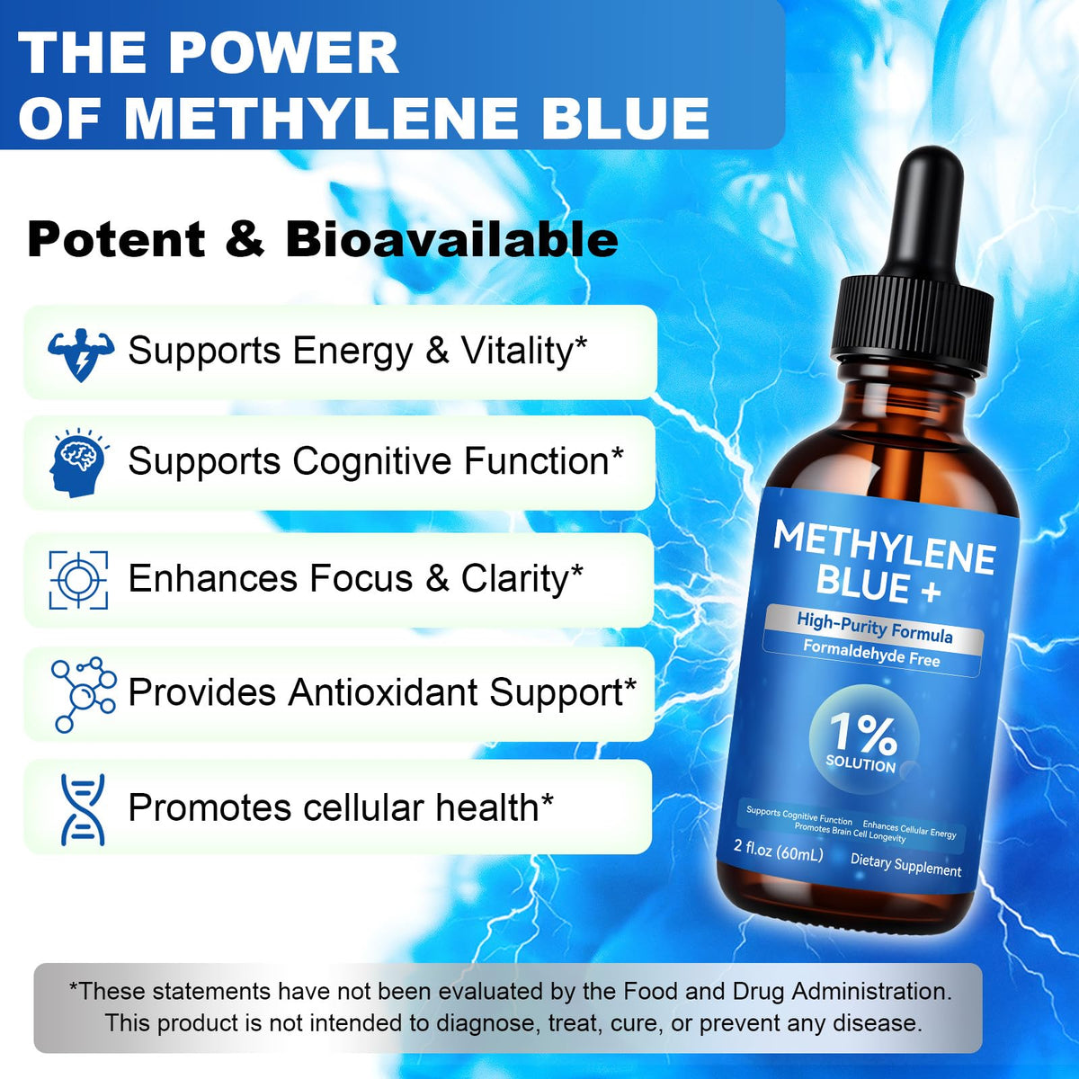 Flacon de Methylene Blue Vawcrn ouvert avec goutte à goutte