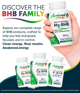 Flacon de Mg-BHB d'Awakened.energy sur une table en bois