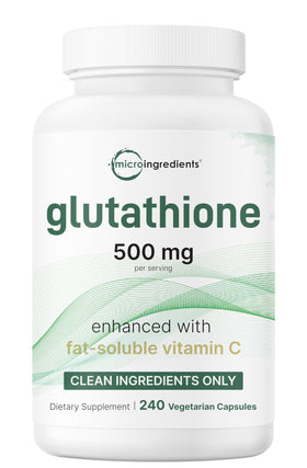 Flacon de Micro Ingredients Glutathione 500mg 240 gélules végétales vue de face