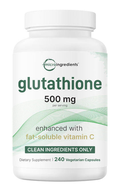 Flacon de Micro Ingredients Glutathione 500mg 240 gélules végétales vue de face