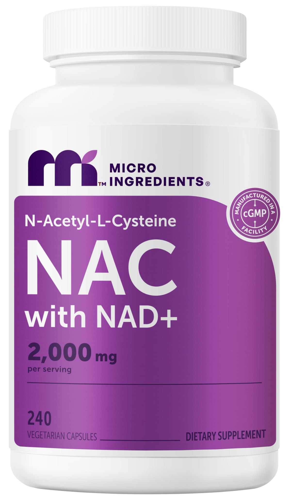 Flacon de Micro Ingredients NAC avec NAD+ 240 gélules végétariennes