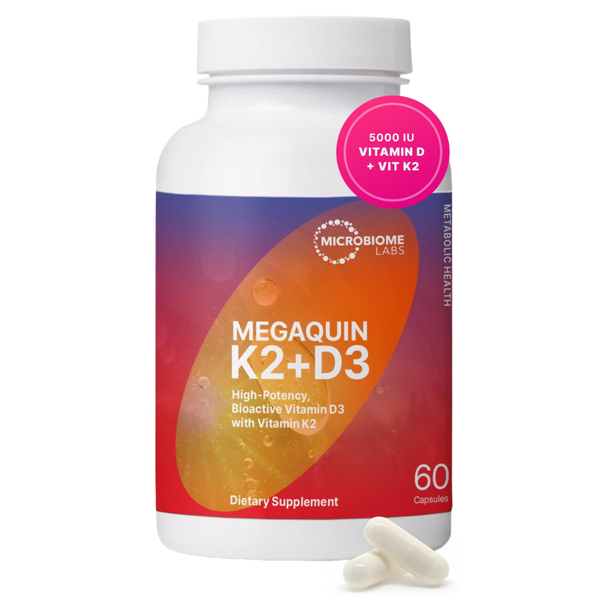 Flacon de Microbiome Labs MegaQuin D3 + K2 avec 60 capsules