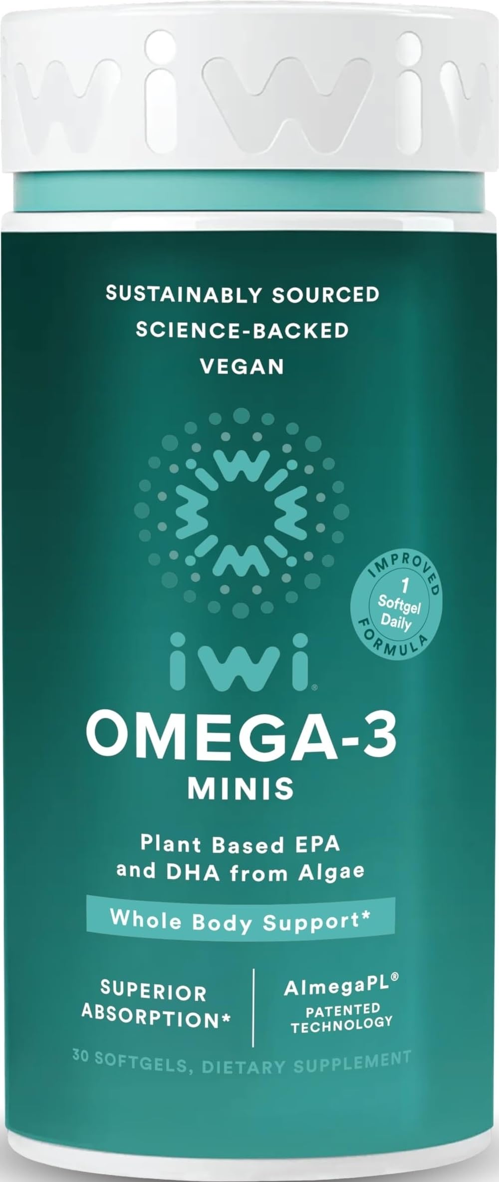 Flacon de mini capsules Omega-3 Iwi avec 30 portions