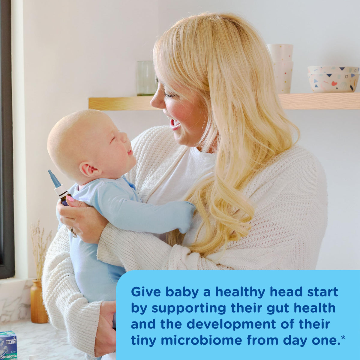Flacon de Mommy's Bliss Probiotiques pour Bébé avec étiquette visible