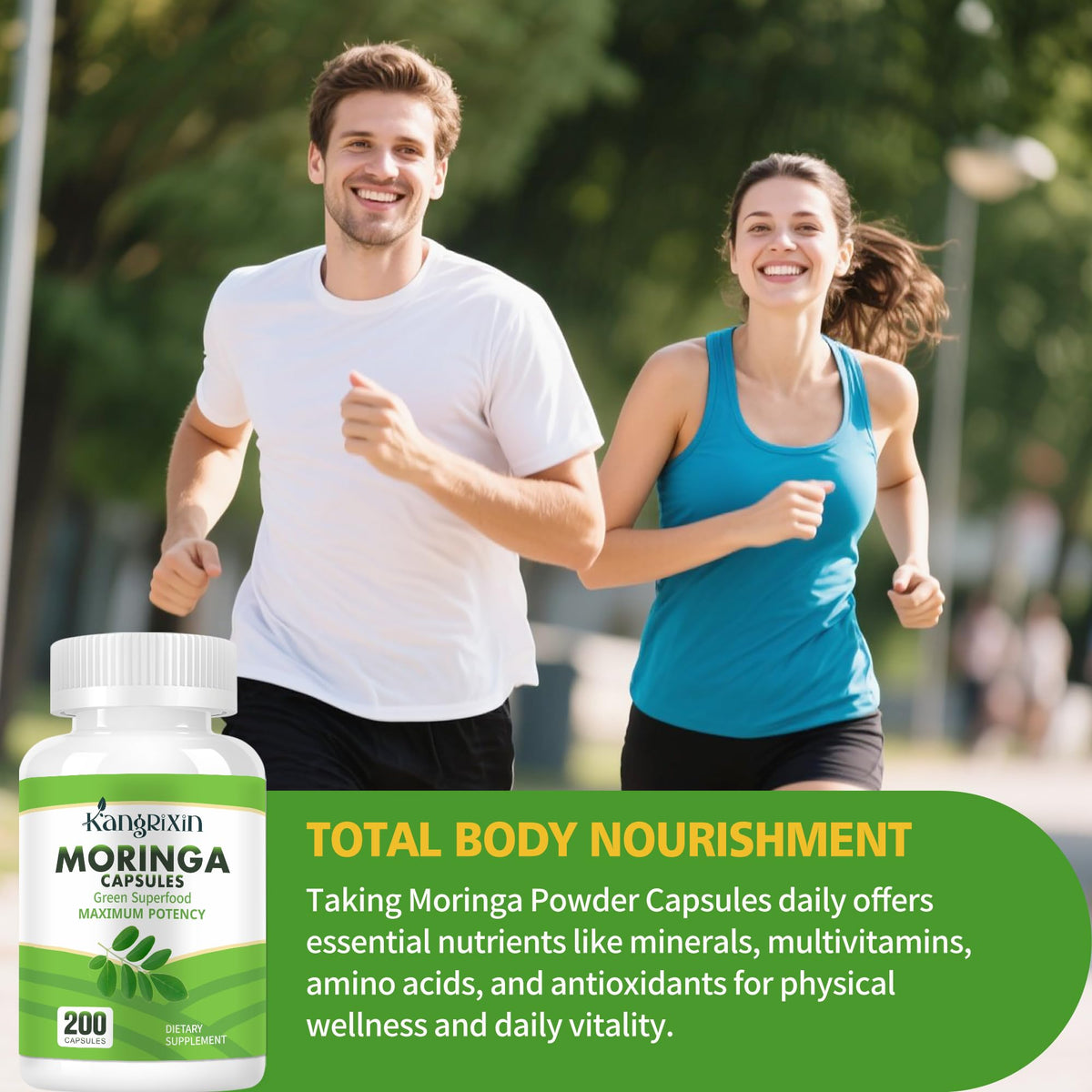Flacon de Moringa KangRiXin ouvert avec capsules visibles
