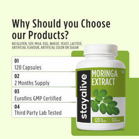 Flacon de Moringa STAY ALIVE ouvert avec capsules visibles