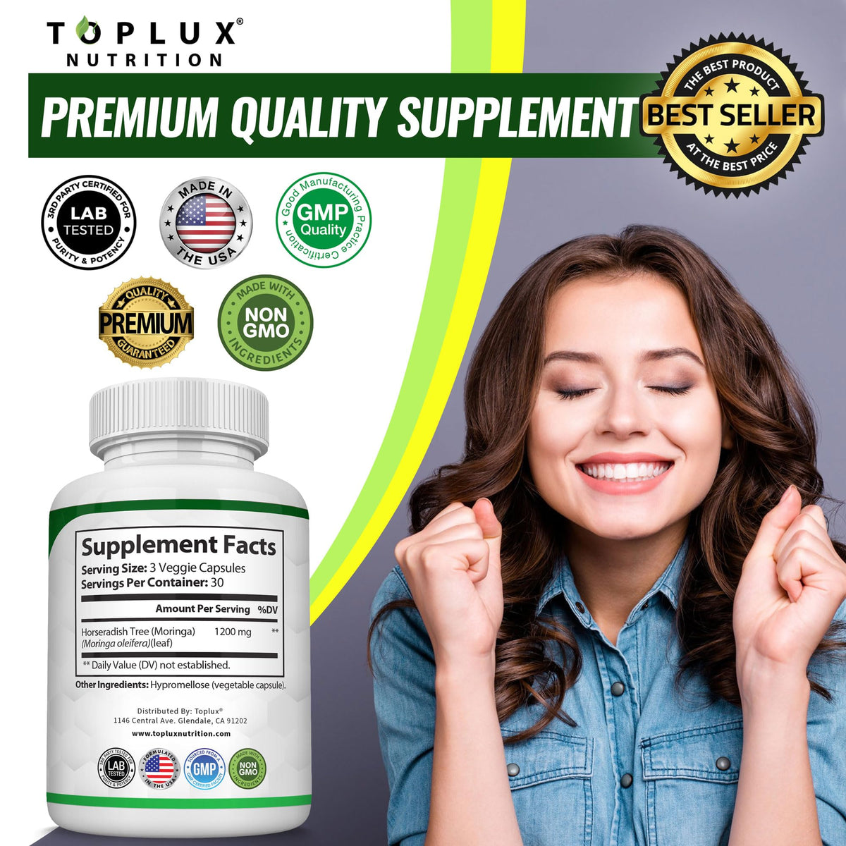 Flacon de Moringa Toplux ouvert avec capsules visibles