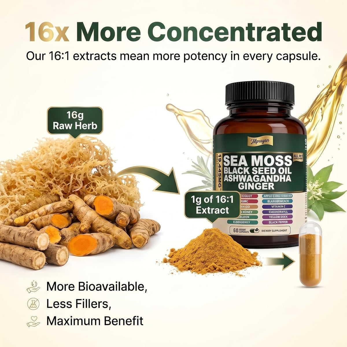 Flacon de MPRAYAN Capsules de Mousse de Mer 16-en-1 avec étiquette