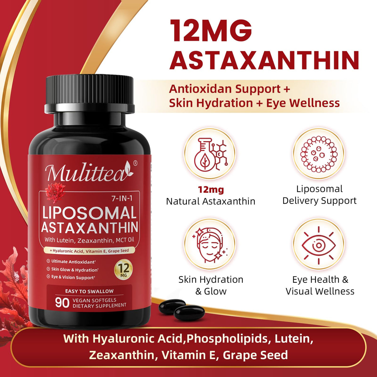 Flacon de Mulittea Astaxanthin avec 90 gélules à l'intérieur