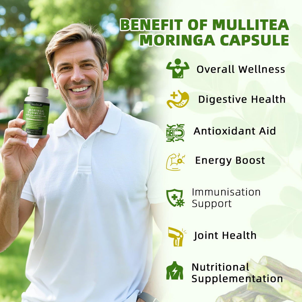 Flacon de Mulittea avec capsules de Moringa et étiquettes