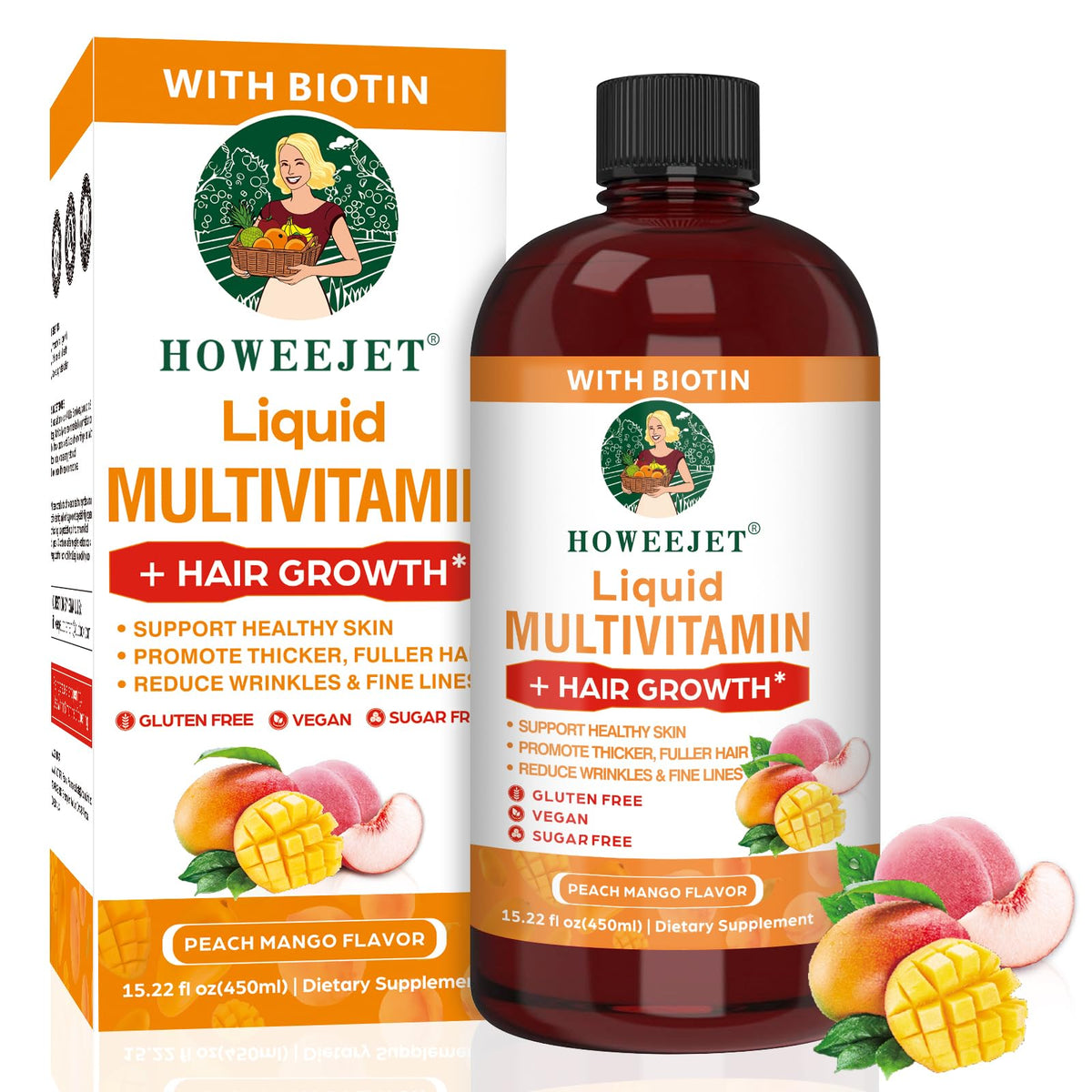 Flacon de multivitamine liquide HOWEEJET 10000mcg de biotine vue de face