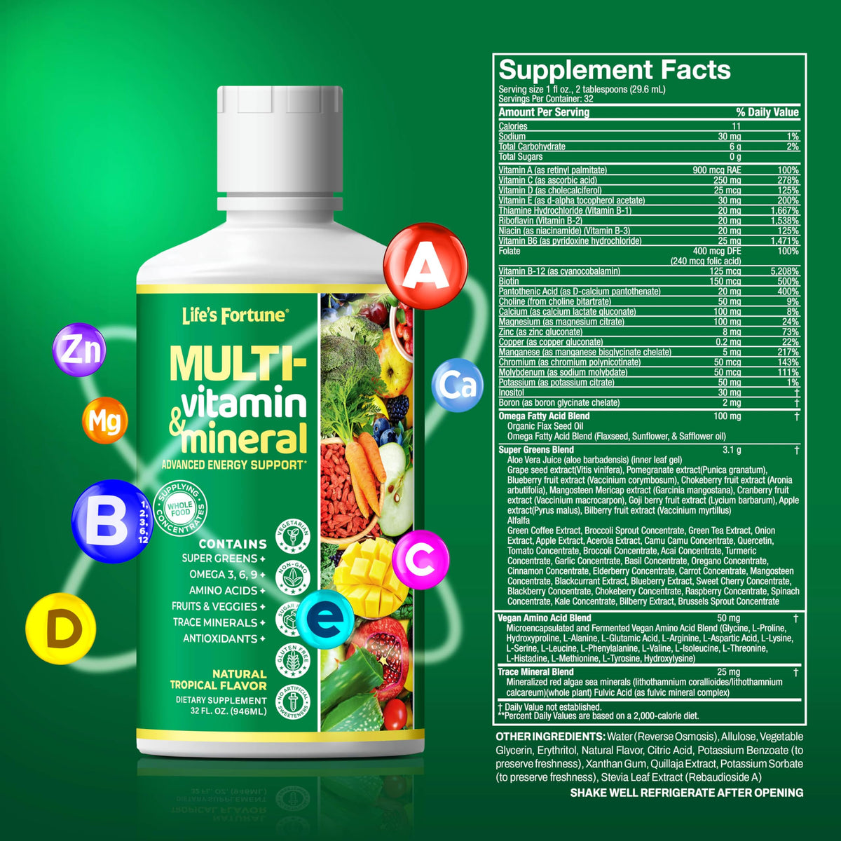 Flacon de multivitamine liquide Life's Fortune à côté d'un verre d'eau