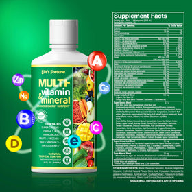 Flacon de multivitamine liquide Life's Fortune à côté d'un verre d'eau