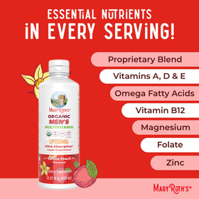 Flacon de multivitamine MARYRUTH'S avec des fruits frais en arrière-plan