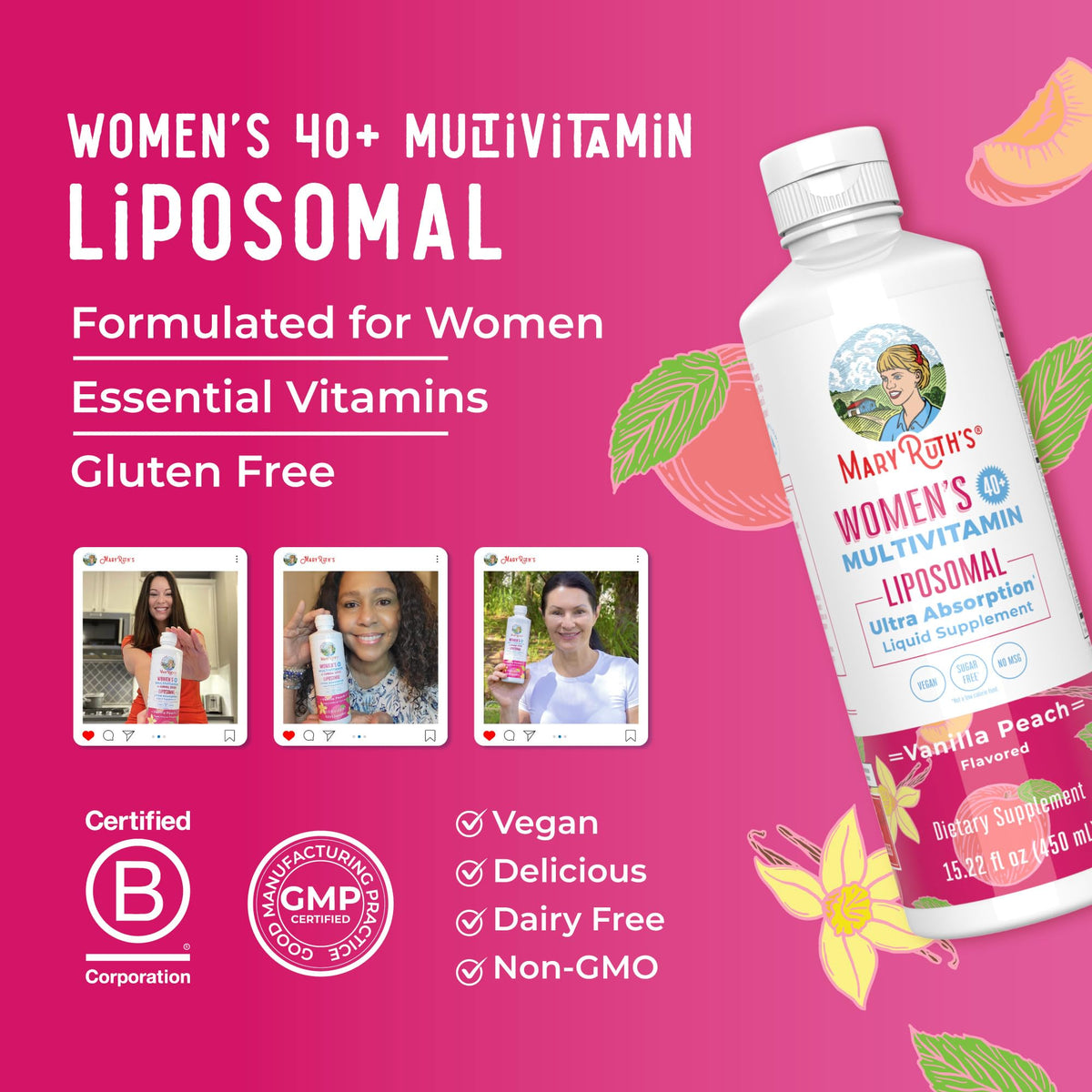 Flacon de multivitamine MARYRUTH'S sur une table avec des fleurs