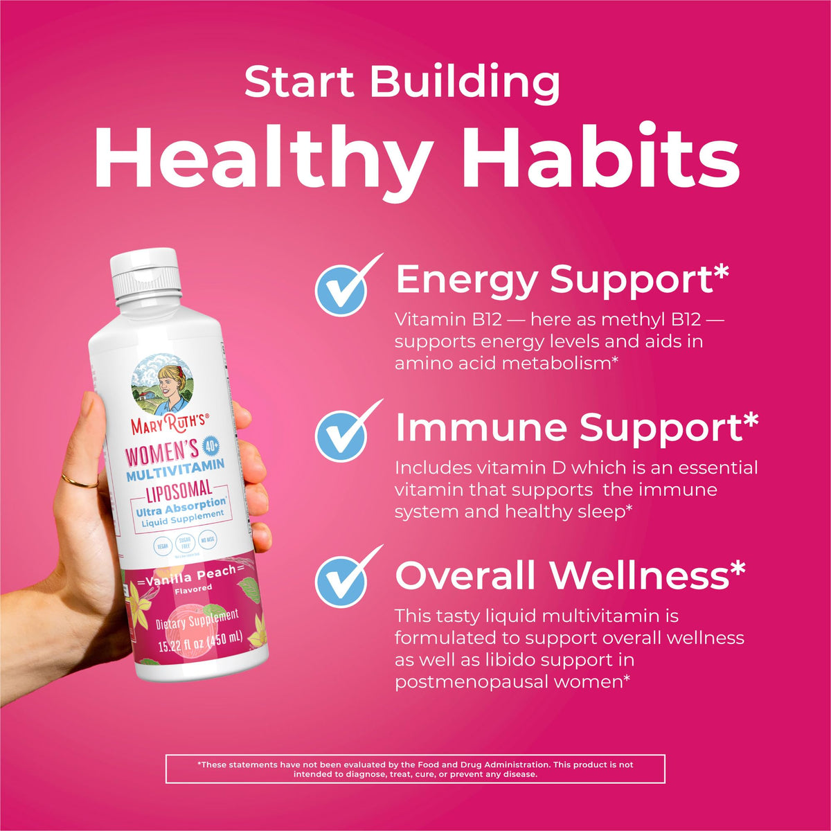 Flacon de multivitamine MARYRUTH'S sur une table en bois