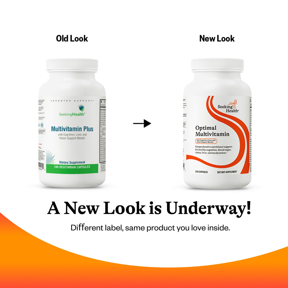 Flacon de multivitamine optimale Seeking Health ouvert avec capsules