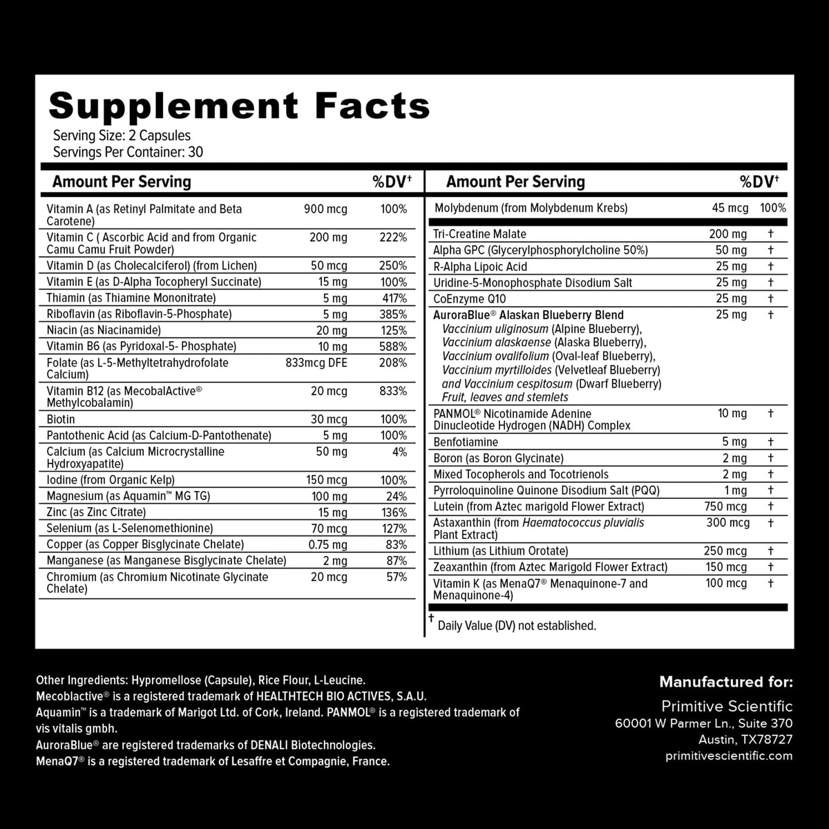Flacon de multivitamine Primitive Scientific avec capsules à côté