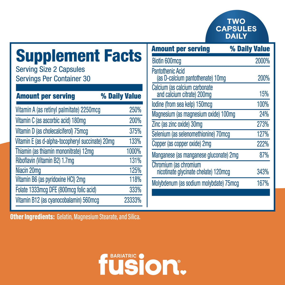 Flacon de multivitamine sans fer Bariatric Fusion ouvert avec capsules