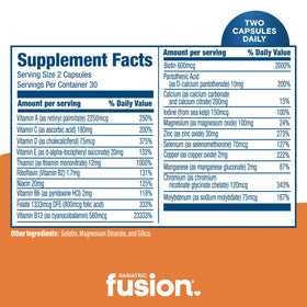 Flacon de multivitamine sans fer Bariatric Fusion ouvert avec capsules