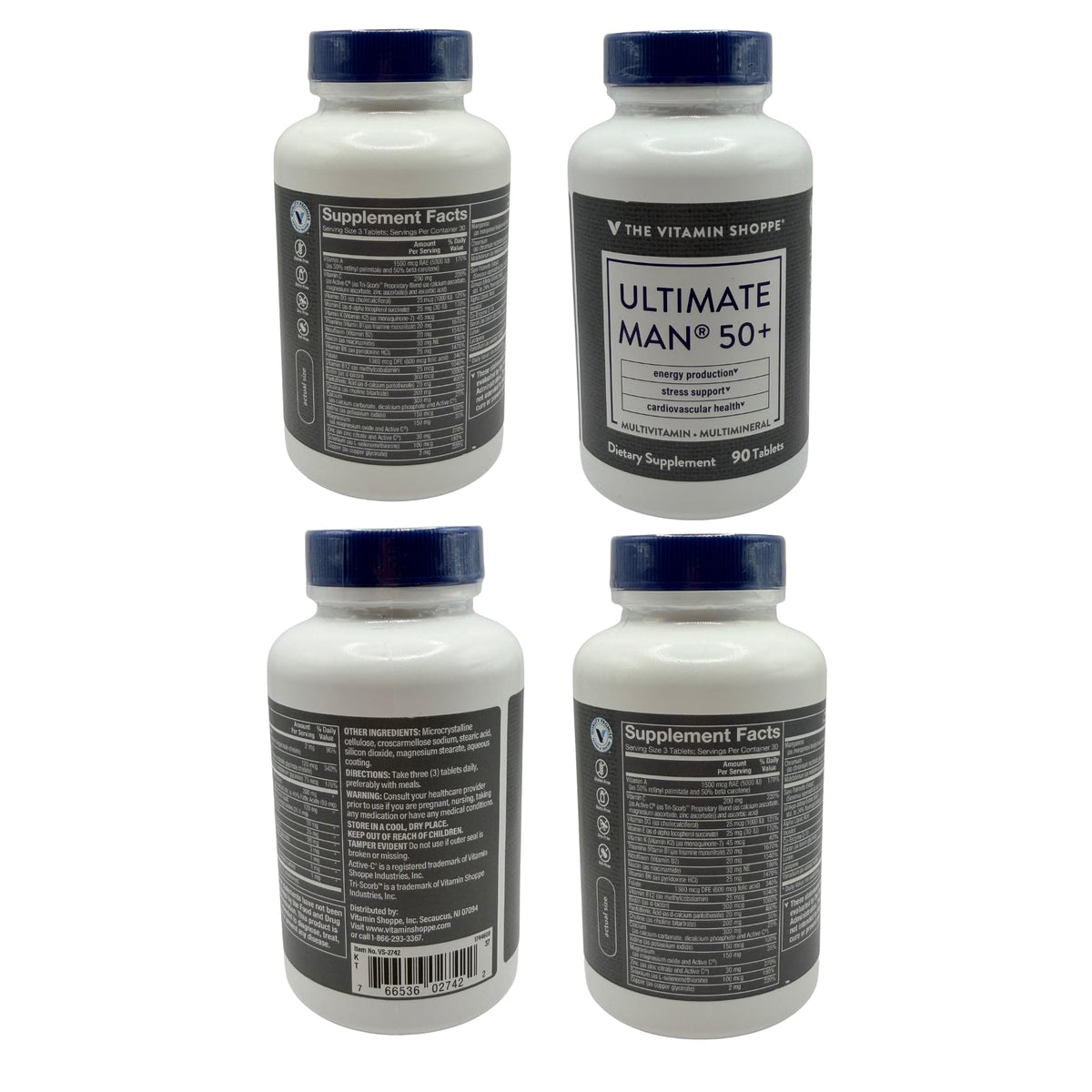 Flacon de multivitamine Ultimate Man 50+ sur une table avec un verre d'eau